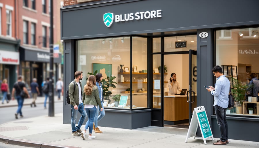 Canadian small business storefront window on a city sidewalk, suggesting local visibility for nearby customers.