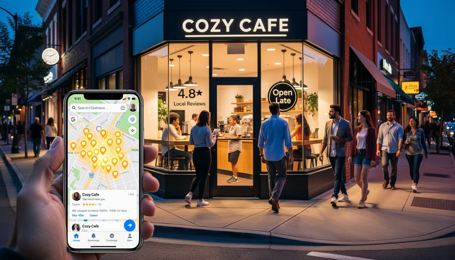 Customer walking into a Canadian storefront during dusk, illustrating local search leading to in-person visits.