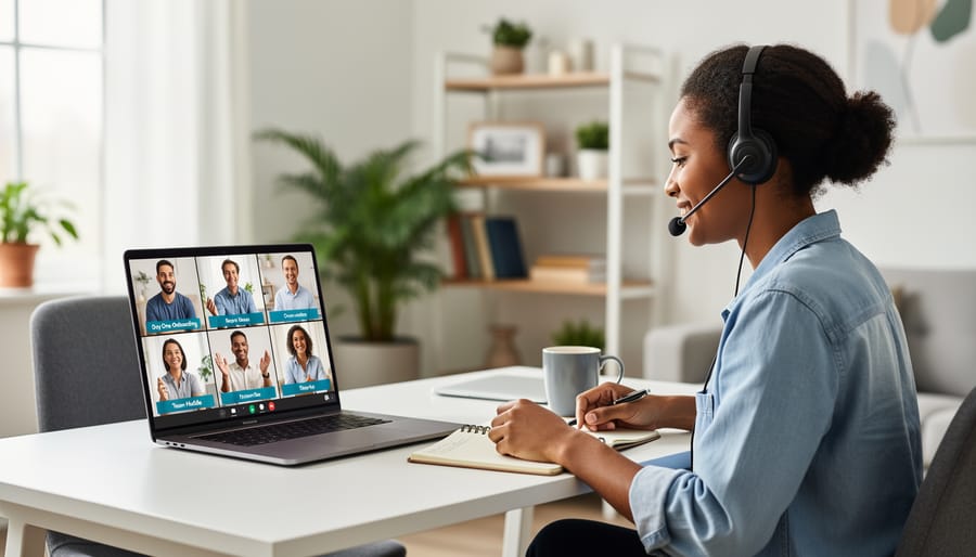Diverse team members collaborating around a conference table with video-calling devices during onboarding.