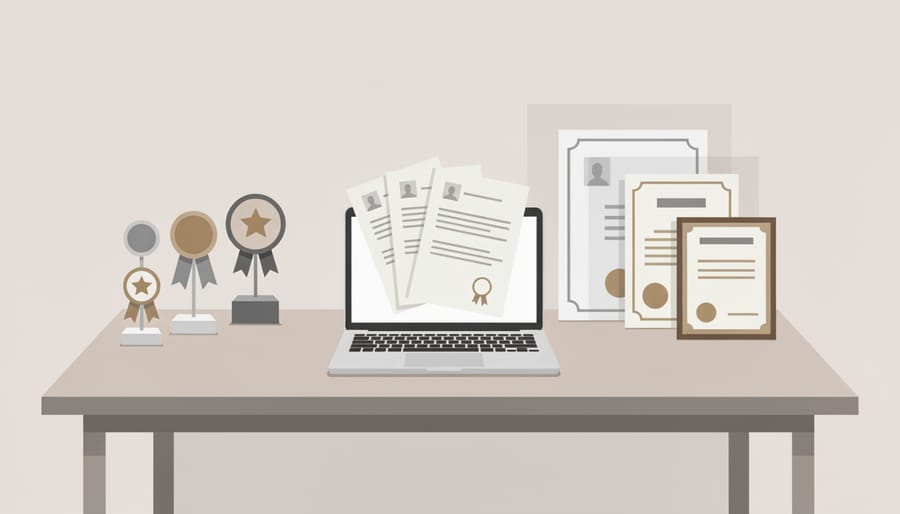 Glass trophy and business materials on a desk representing professional credibility.