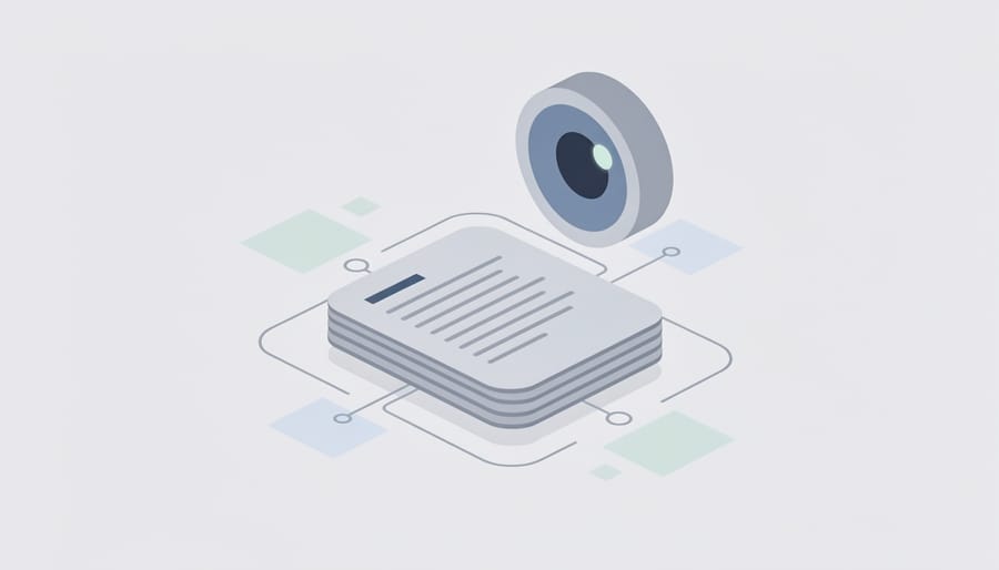 Laptop and documents on a desk with a magnifying glass and subtle cloud-like light particles symbolizing compliance monitoring.