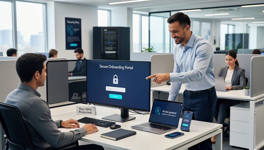 Laptop and privacy-focused workstation setup on a desk with secure device accessories.
