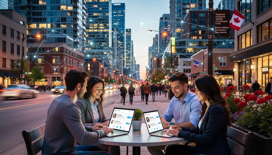 Laptop and smartphone on a downtown bench at dusk with city skyline blurred in the background.