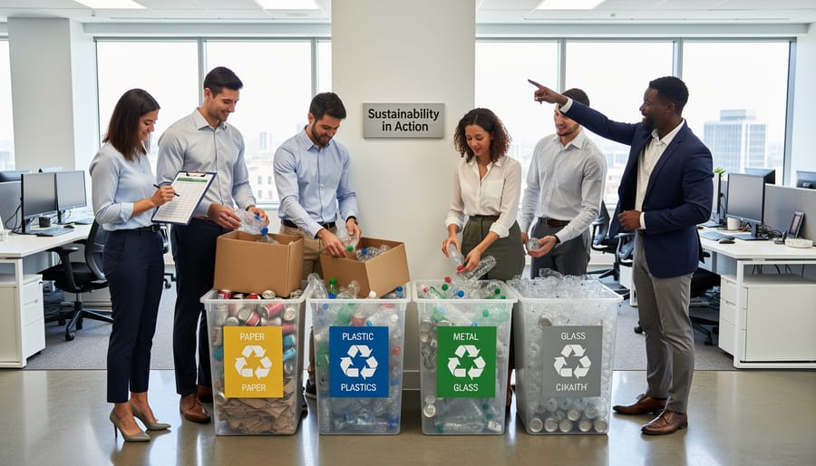 Office team sorting recyclable materials next to color-coded recycling bins.