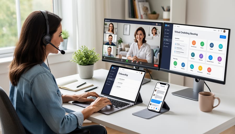 Remote worker wearing a headset in a home office participating in a video call.