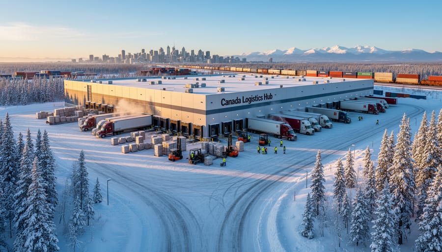 Trucks and shipping containers at a Canadian warehouse loading dock in snowy conditions