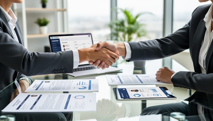 Two business professionals handshake across an investor meeting table with a tablet and documents.