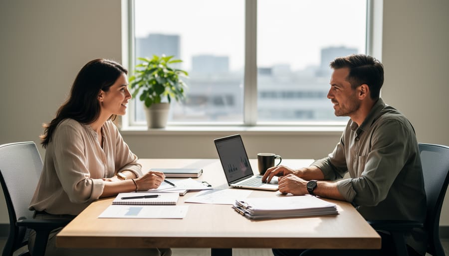 Woman business owner reviewing printed documents and using a laptop during a strategy meeting