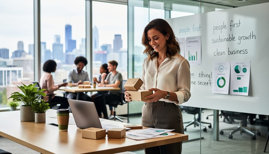 Woman entrepreneur holding a notebook beside reusable cleaning products in a bright coworking space
