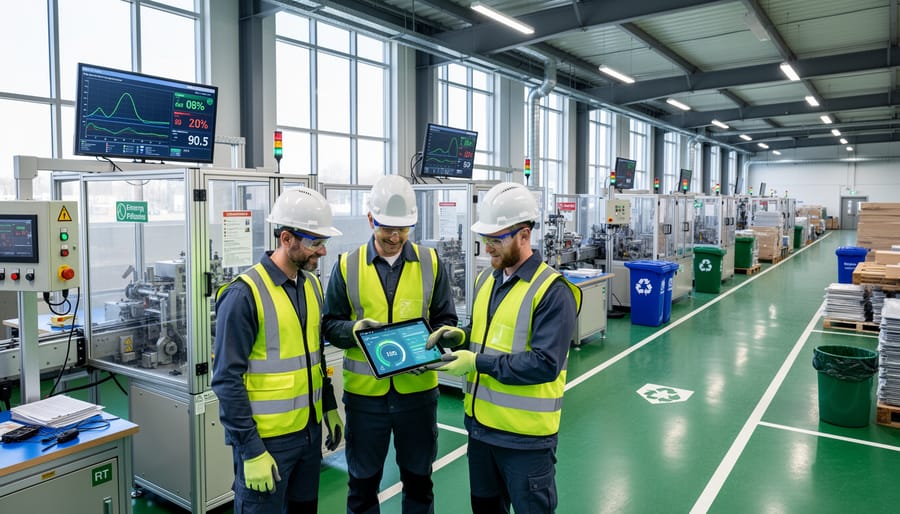 Worker in safety gear monitoring machinery inside an industrial facility.