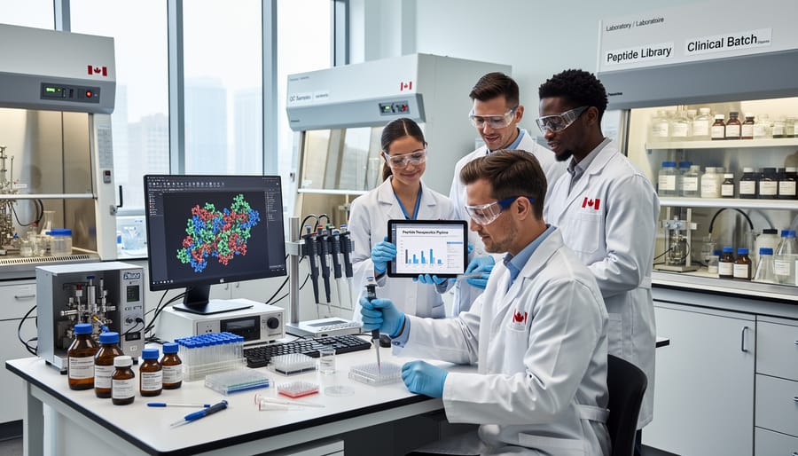 Researcher working in a modern biotech laboratory with lab equipment in the background