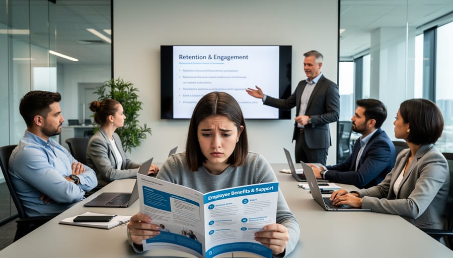 Employees collaborating in a Canadian office with one person appearing concerned while checking a phone