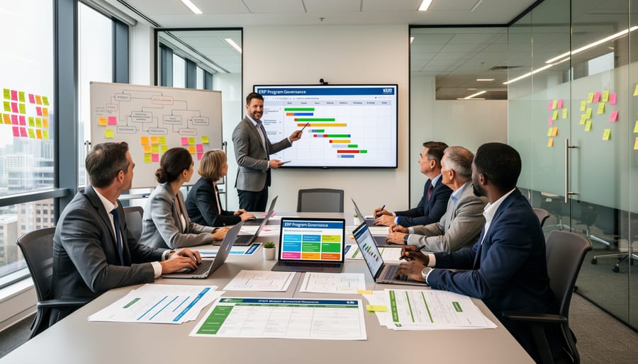 Team members discussing ERP planning in a modern meeting room with a laptop on the table