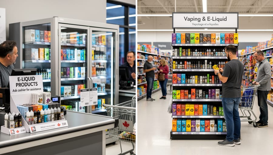 Vape e-liquid bottles arranged in a Canadian convenience store aisle near the checkout counter