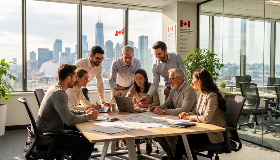Diverse group of employees collaborating together in a bright modern office.