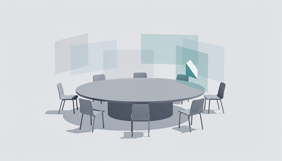 Empty glass conference room with a notebook and pen on the table, symbolizing preparation and accountability.