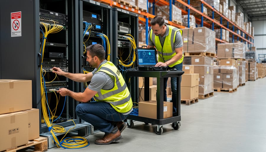 Technicians installing IT hardware and server equipment in a warehouse environment