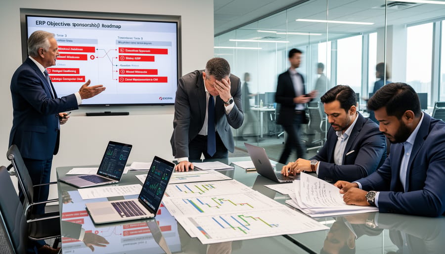 Project manager overwhelmed at a table with documents during an ERP project risk moment