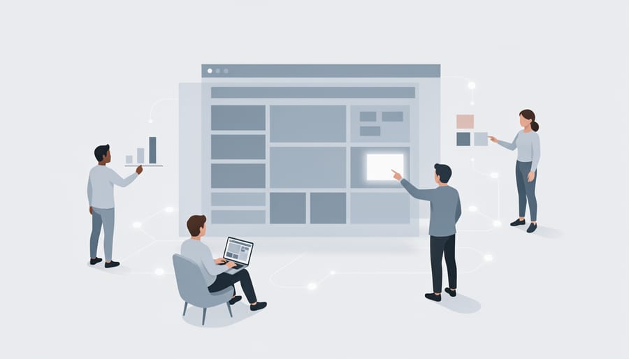 Office worker using a tablet while colleagues collaborate in a softly lit workspace