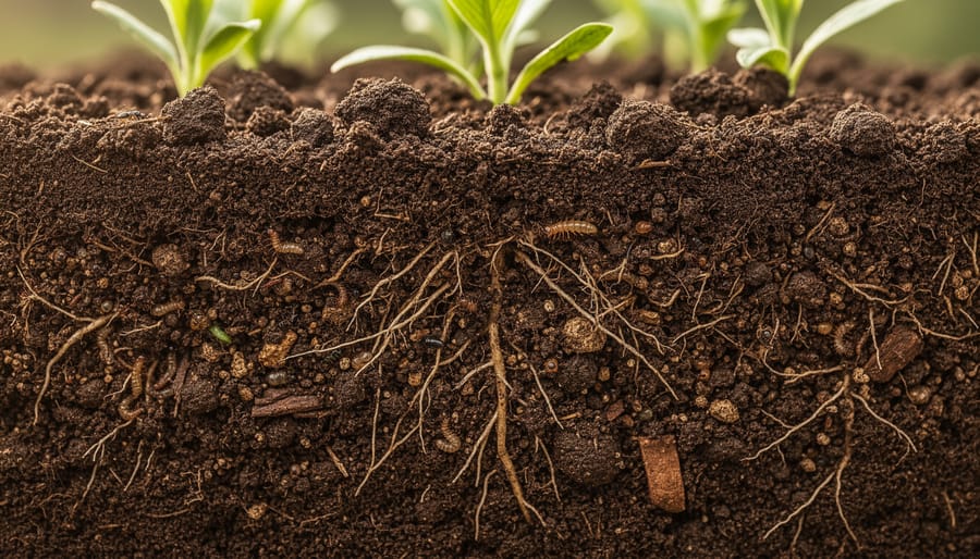 Close-up of dark, healthy soil with visible organic matter and fine roots