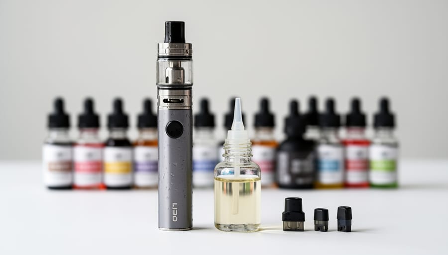 Close-up of a refillable vape device and e-liquid bottle on a tabletop