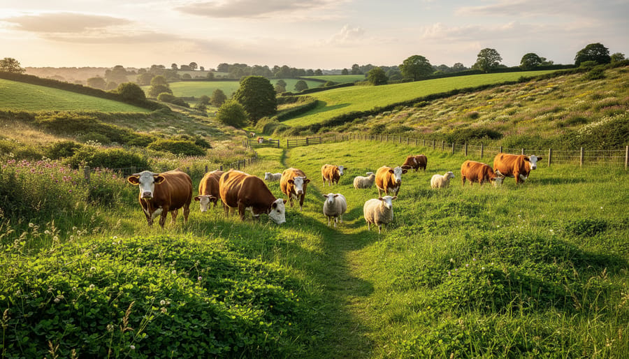 Livestock grazing in a Canadian pasture with lush diverse grasses during golden hour