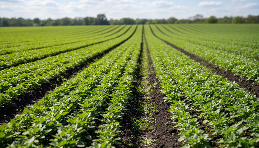 Farmer standing in a regenerative farm field with ground cover between rows