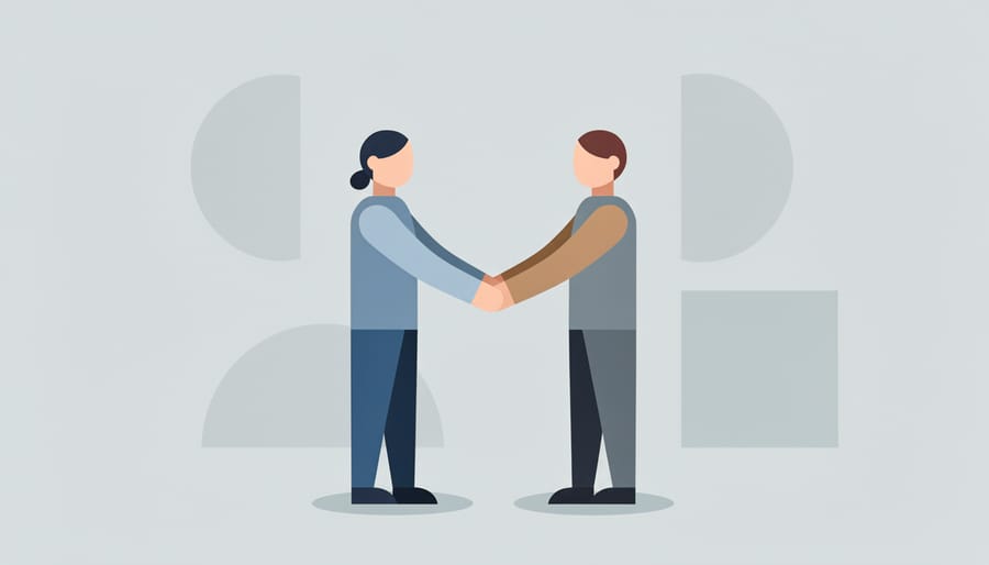 Close-up view of two people’s hands meeting in a respectful handshake in an office setting.
