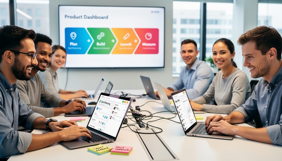 Diverse professionals collaborating in an office with a large monitor showing abstract code-like visuals without readable text