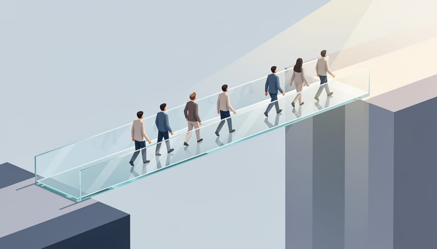 Clear glass bridge with a beam of light leading forward into a bright future
