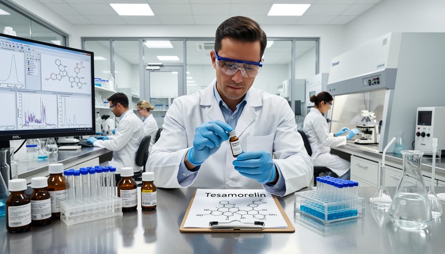 Peptide vial and amber medicine bottle on a lab bench in a controlled pharmaceutical workspace