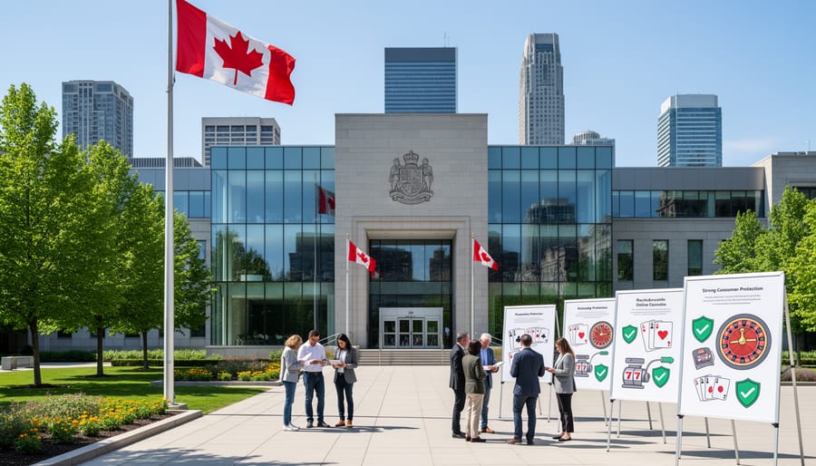 Canadian government building exterior with flagpoles in front