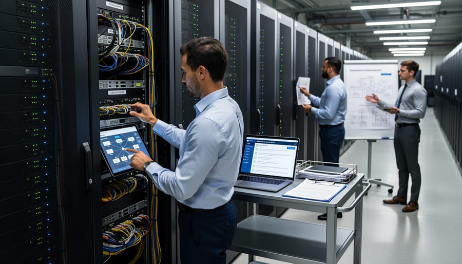 IT professional standing in a data center aisle near server racks, holding a clipboard