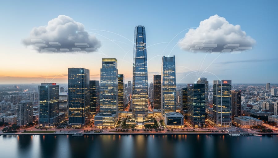 Modern office building at dusk with warm interior glow and distant energy infrastructure