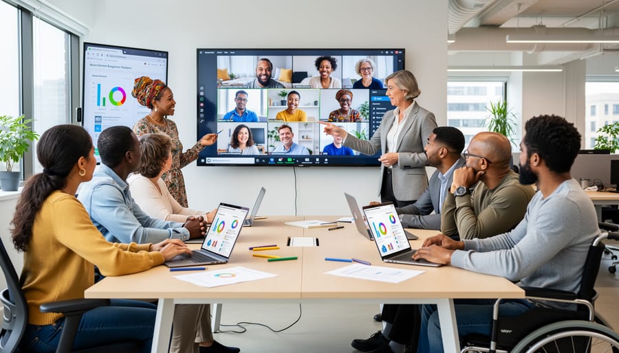 Diverse team collaborating in an office with an out-of-focus virtual meeting display
