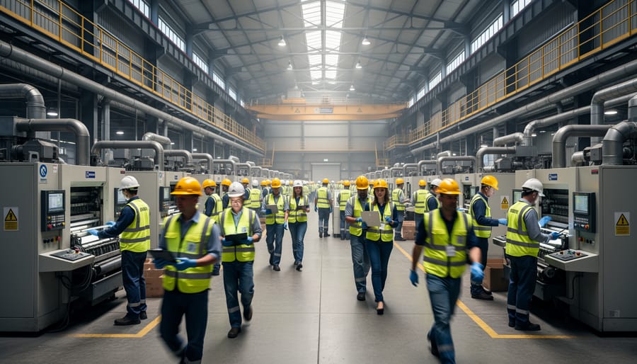 Workers in high-visibility clothing walking through an industrial plant walkway at golden hour.