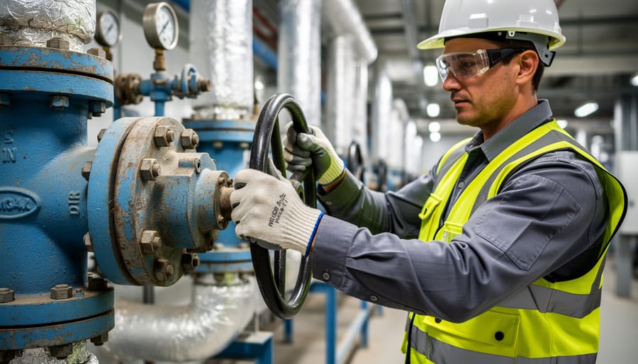 Close-up of gloved hand turning an industrial valve on a metal piping system.