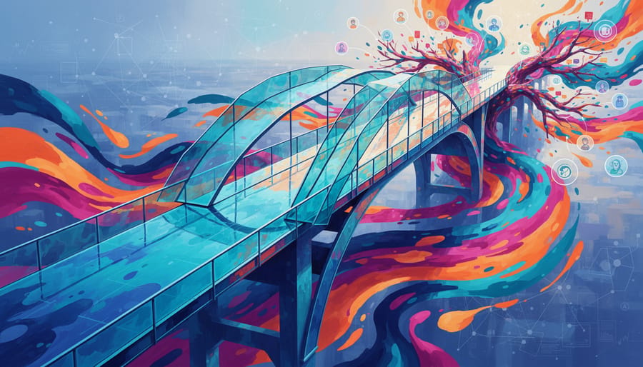 Low-angle view of a multicolored layered glass bridge representing scalable inclusion