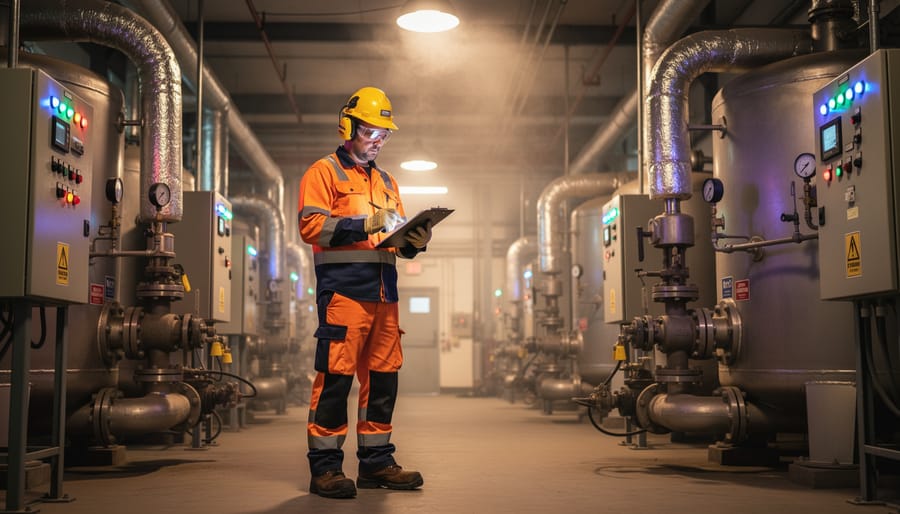 Power engineer in a hard hat and high-visibility clothing standing in front of industrial boilers and piping.
